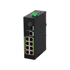 Коммутатор, Dahua, DH-LR2110-8ET-120, Индустриальный, Неуправляемый, 8 RJ-45, 10/100 Мбит/с, 1 RJ-45, 10/100/1000 Мбит/с, 1 SFP, 1000 Мбит/с,IEEE 802.3af. IEEE 802.3at. Hi-PoE. IEEE 802.3bt