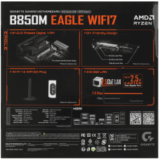 Материнская плата, Gigabyte, B850M EAGLE WIFI7 (4719331879648), AM5, B850, 4xDDR5 5600/5800/6000/6200/6400/8200(OC), 4xSATA3, 2xM.2 (1*PCIe 5.0 x4/x2, 1*PCIe 4.0 x4/x2), RAID, 1xHDMI, 2хDP, 2xPCI-Ex16, WiFi, mATX