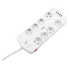 Сетевой Фильтр 2E 8XSchuko 3G*1.5мм, 4*USB-A, 3м, white