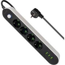 Удлинитель Defender без заземления R210 3 м, 4 розетки, 3xUSB, черный