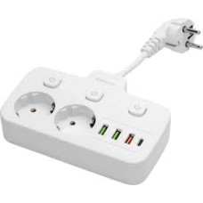 Удлинитель Defender без заземления R240 0.2м, 2 розетки, 3xUSB, 1xType-C, белый