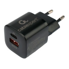 Зарядка USB 220В, Cablexpert MP3A-PC-47, Черный MP3 charger, 1 x Type A, 1x Type C 20W, 110-240V -> QC 3.0 + 1 x 5V/­3A, Black