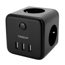 Сетевой фильтр + зарядка Tessan TS-301, 1.5m, Черный 3 розетки, 10A, 3 USB 2.4A max, switch, black