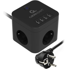 Сетевой фильтр + зарядка Cablexpert CUBE-3-U4-B-1.5, Черный 1.5m, 3 розетки, 10A, 4 USB, switch, Black