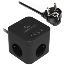 Сетевой фильтр + зарядка Cablexpert CUBE-3-CU3-B-1.5, Черный 1.5m, 3 розетки, 10A, 1xType-C/­3xUSB, Black