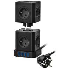 Сетевой фильтр + зарядка Cablexpert Tower TWR-9-U4-B-2, Черный 2m,9розетки, 16A, 4xUSB 3.1А, switch, Black