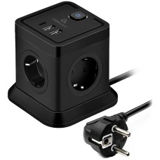 Сетевой фильтр + зарядка Cablexpert TWR-4-CU2-B-2, Черный 2m, 3 розетки, 10A, 1xType-C/­3xUSB, Black