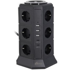 Сетевой фильтр + зарядка Ritmix RM-2123C, 2m, Черный 12 розеток, 3 USB-A + 2 USB Type-C, black