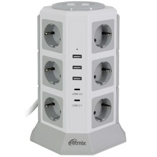Сетевой фильтр + зарядка Ritmix RM-2123C, 2m, Белый 12 розеток, 3 USB-A + 2 USB Type-C, white