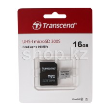 Карта памяти Micro SDHC 16Gb Transcend, Class 10 UHS-I U1, адаптер (TS16GUSD300S-A)