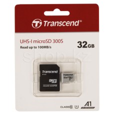 Карта памяти Micro SDHC 32Gb Transcend, Class 10 UHS-I U1, адаптер (TS32GUSD300S-A)