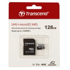 Карта памяти Micro SDXC 128Gb Transcend 340S, Class 10 UHS-I U3, адаптер